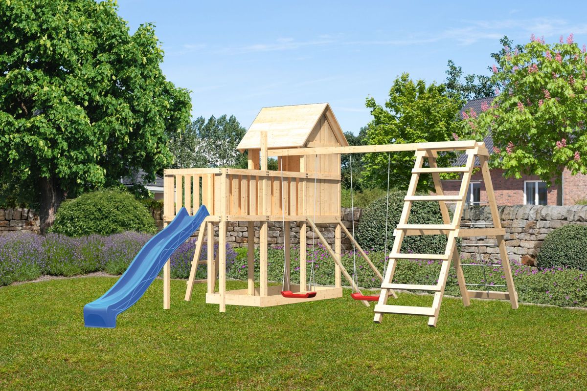 Stelzenhaus Frieda natur, Set mit Plattform, Kletterschaukel, Netzrampe und Rutsche blau