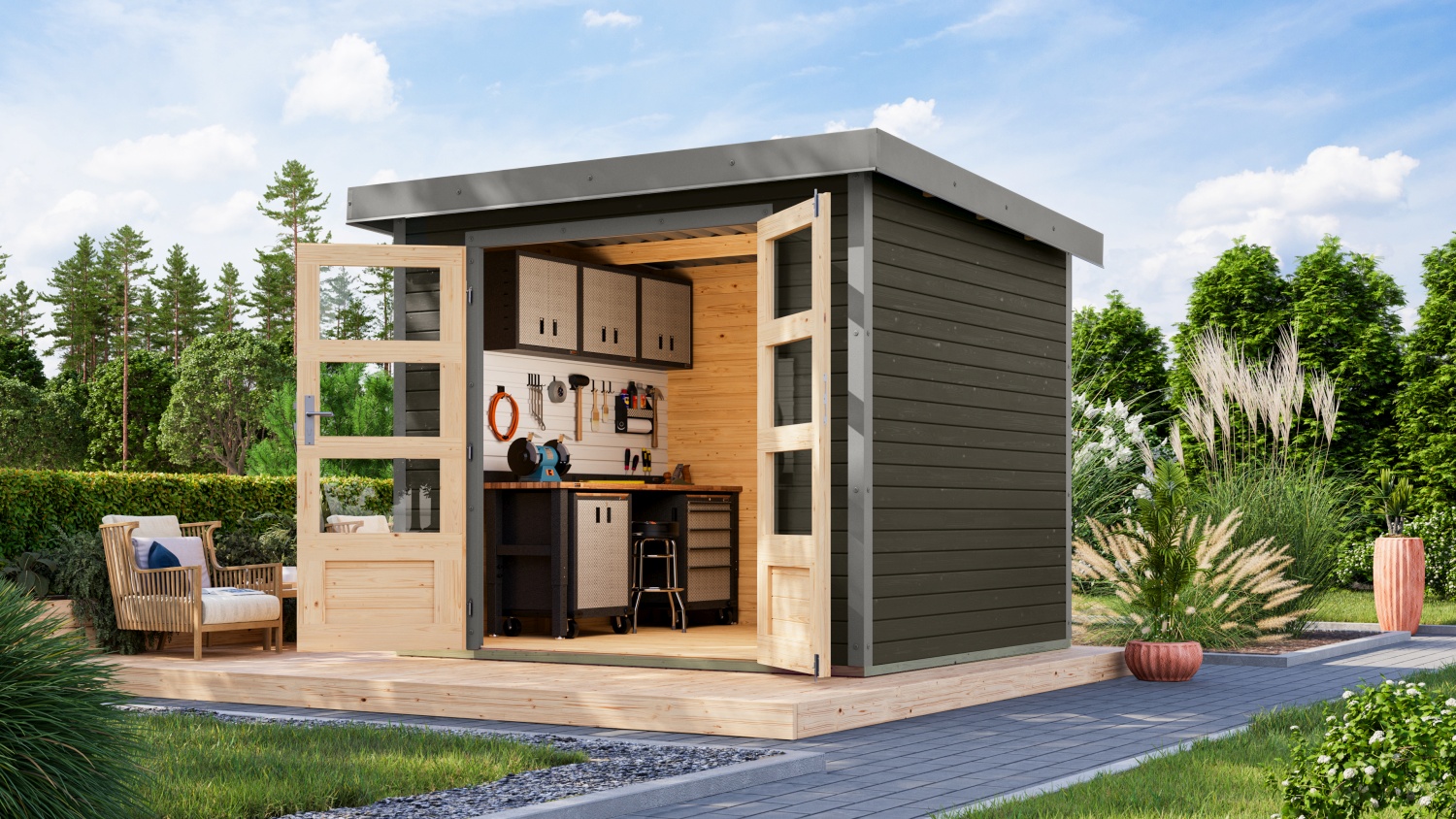 Hybrid-Gartenhaus Jupiter 3B - 238x213 cm, 19mm terragrau/graualuminium