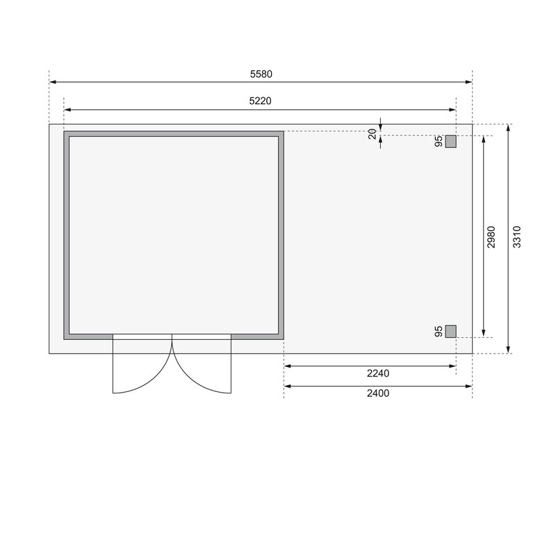 Gartenhaus Kerko 6 - 298 x 302 cm, inkl. Anbaudach 2,40m, 19 mm Holz naturbelassen, Karibu