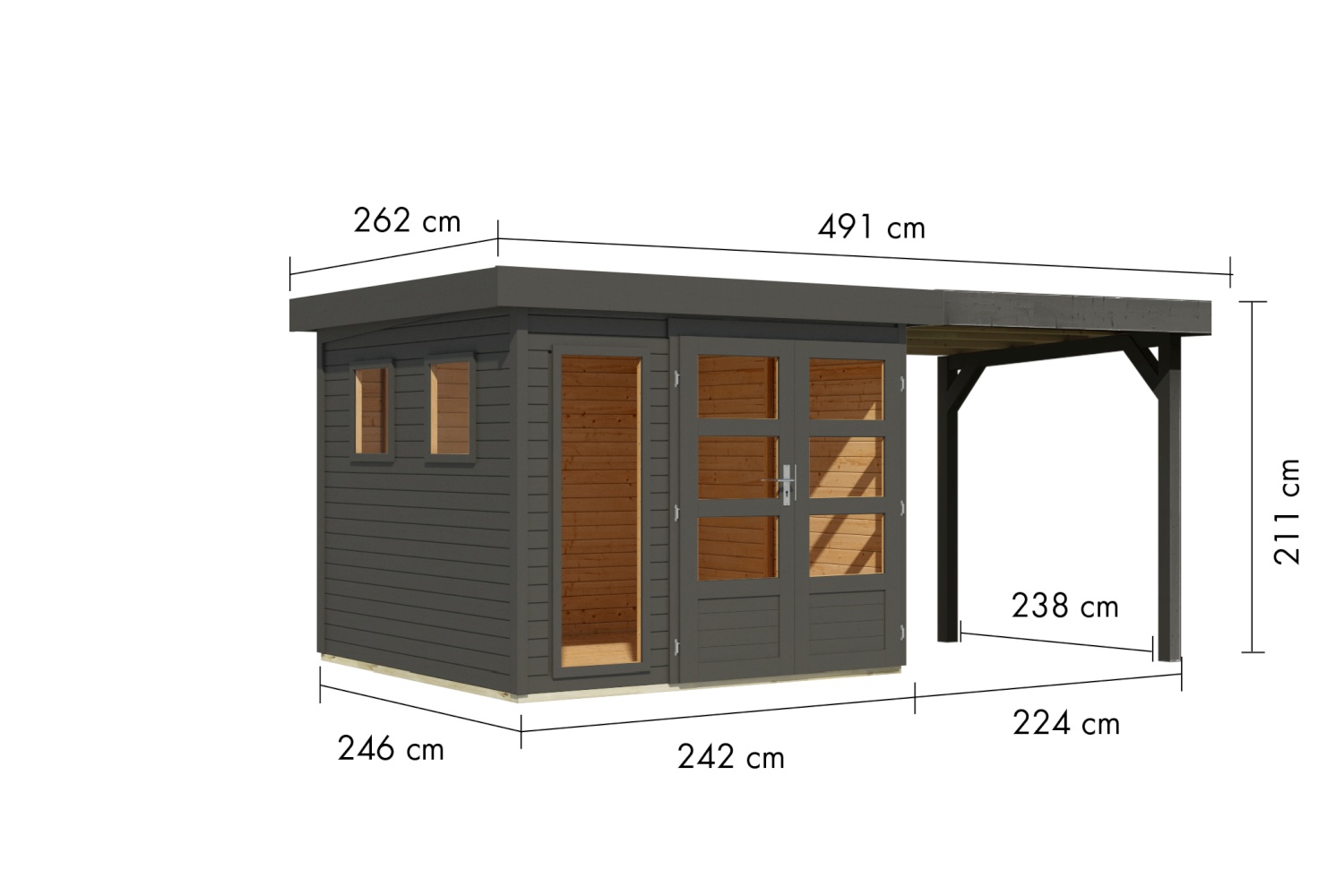 Gartenhaus Lahar 3,5, 242x246 cm plus 2,40 m Anbaudach, 19 mm Holz terragrau, Karibu