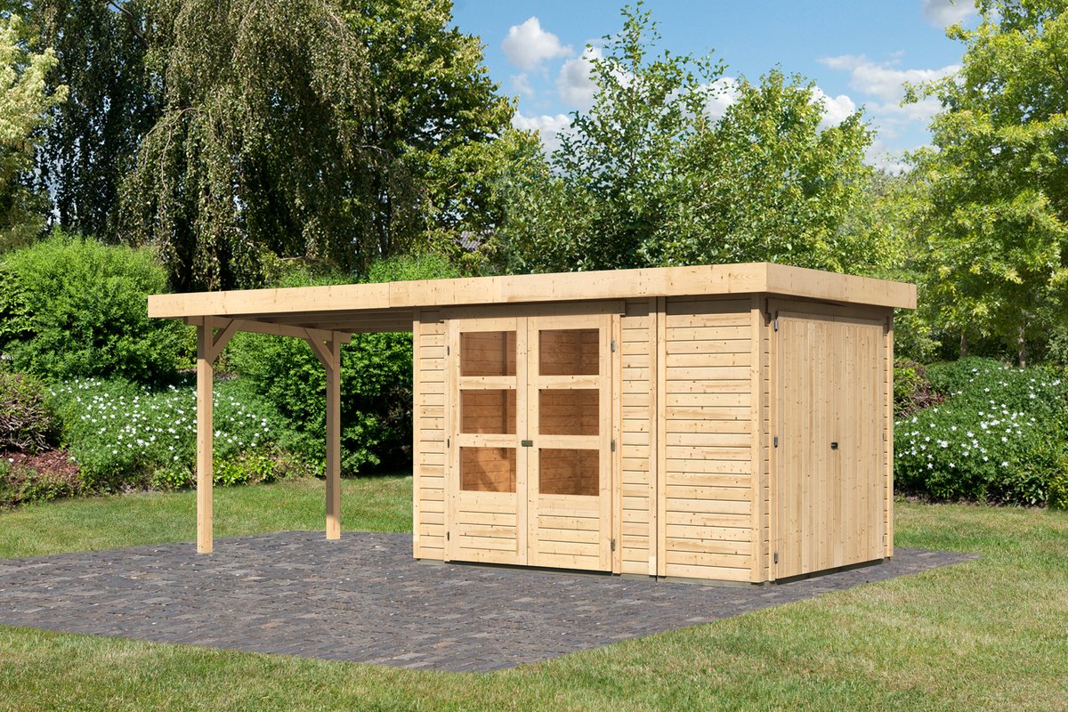 Gartenhaus Retola 2, 288x217 cm mit Anbauschrank und Anbaudach 2,80 m, 19 mm Holz naturbelassen,