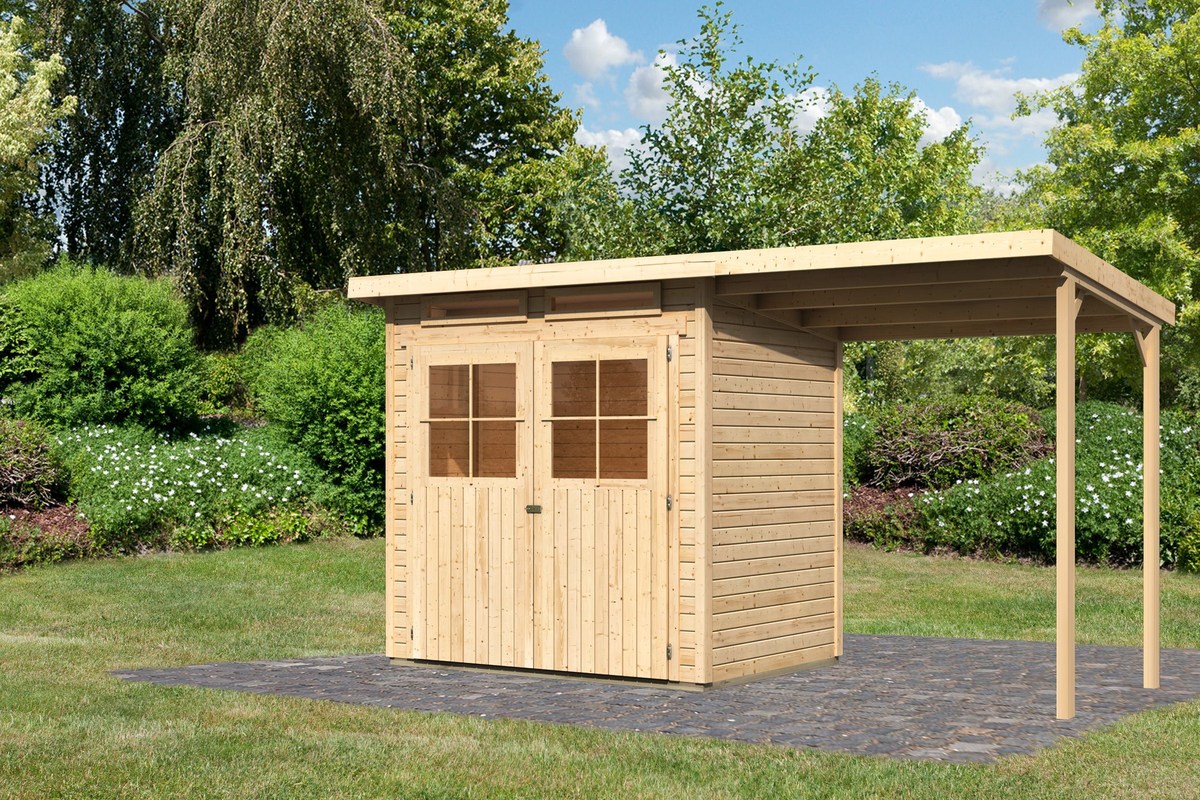 Gartenhaus Glücksburg 2 natur - 203x156 cm mit Anbaudach 190 cm, 19 mm Holz, Karibu