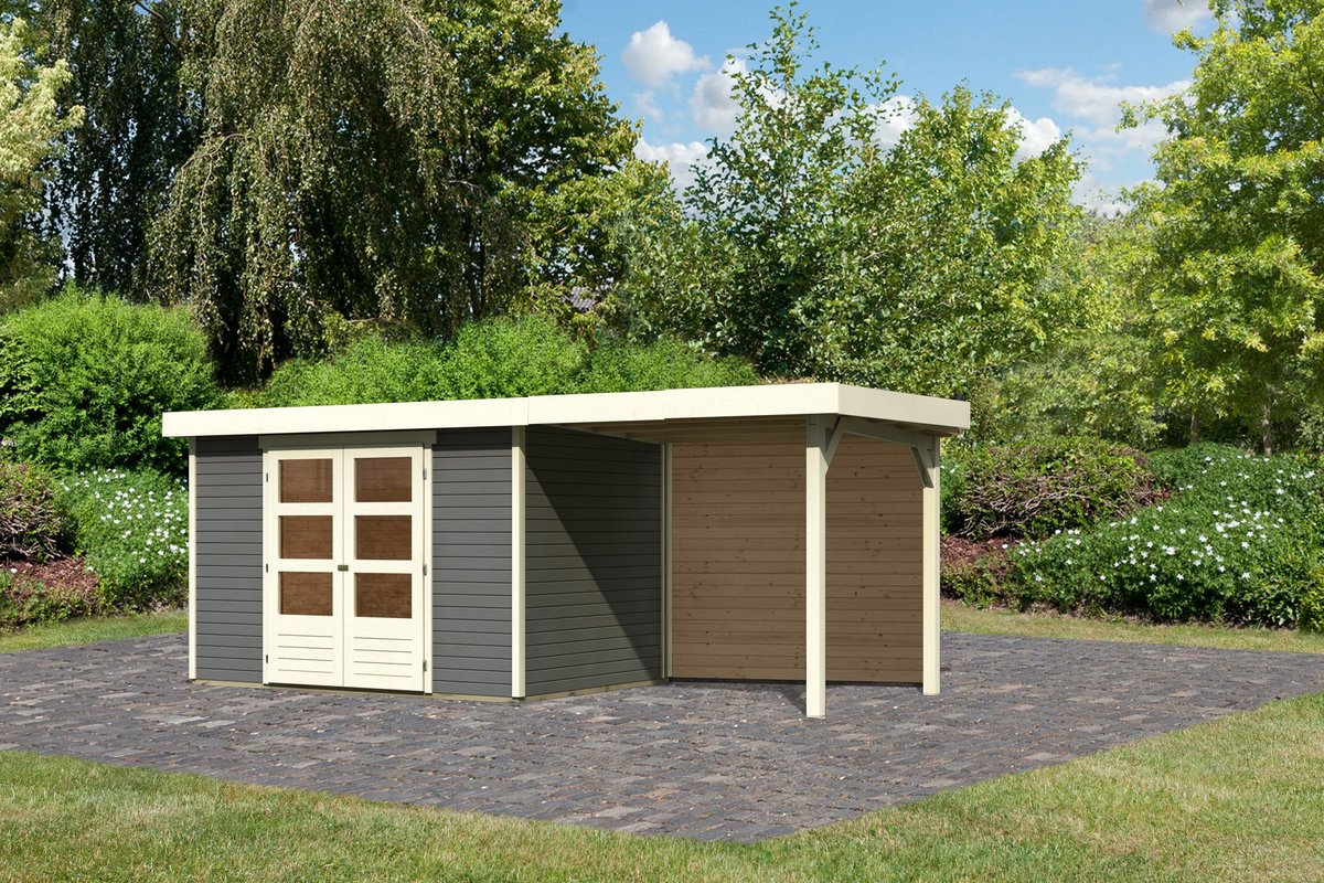 Gartenhaus Askola 4 - 302x217 cm mit Anbaudach 2,40m und Rückwand, 19 mm terragrau, Karibu