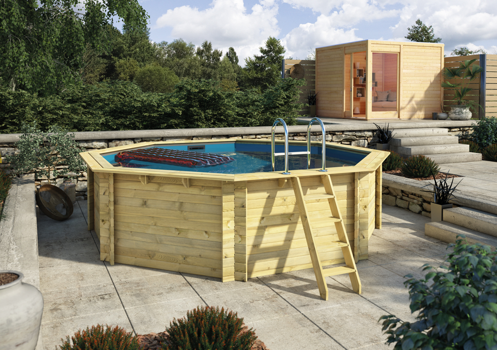 Karibu Pool Modell 1A Classic 400x400 cm, Holz kdi mit blauer Poolfolie 