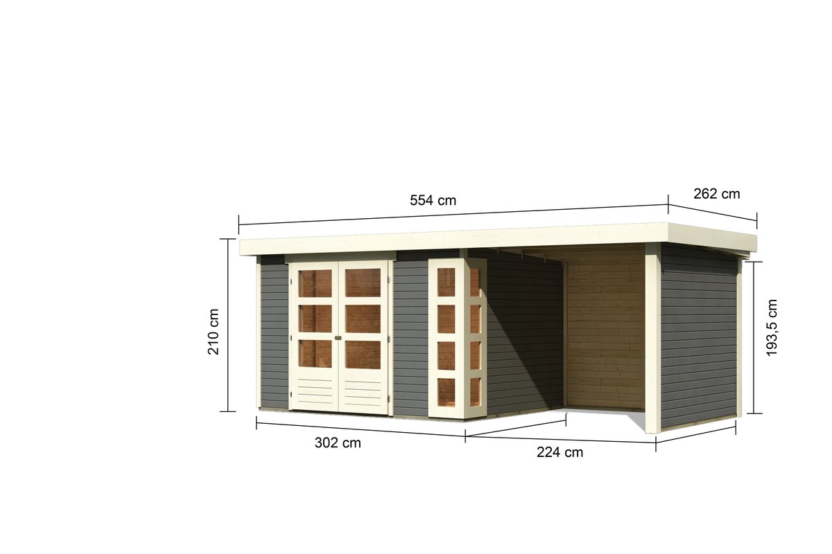 Gartenhaus Kerko 5 - 302x246 cm plus Anbaudach 2,40 m mit Wänden, 19 mm Holz terragrau, Karibu