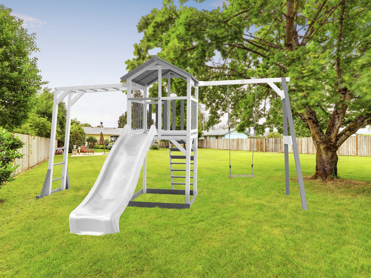 Spielturm Beach Tower Climbing & Swing grau/weiß mit Rutsche weiß