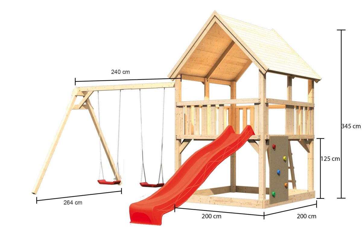 Spielturm Luis natur, SET mit Kletterwand, Doppelschaukel und Rutsche rot