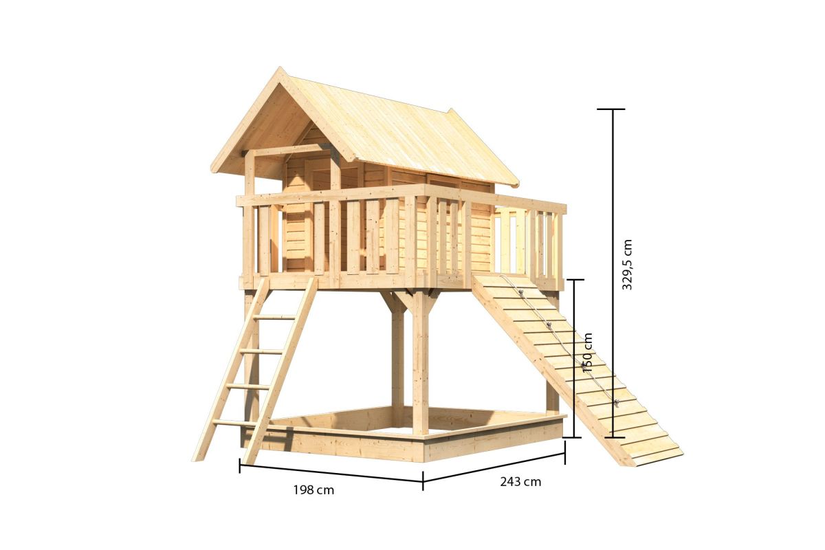 Stelzenhaus FIDEL naturbelassen, Set mit Holzrampe, Karibu