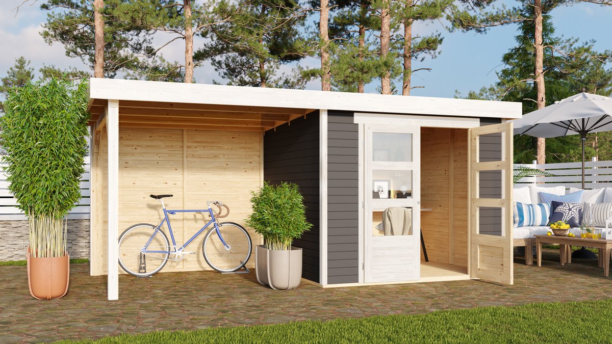 Gartenhaus Askola 3 - 242x217 cm, 19 mm terragrau mit Anbaudach 2,40m und Rückwand, Karibu