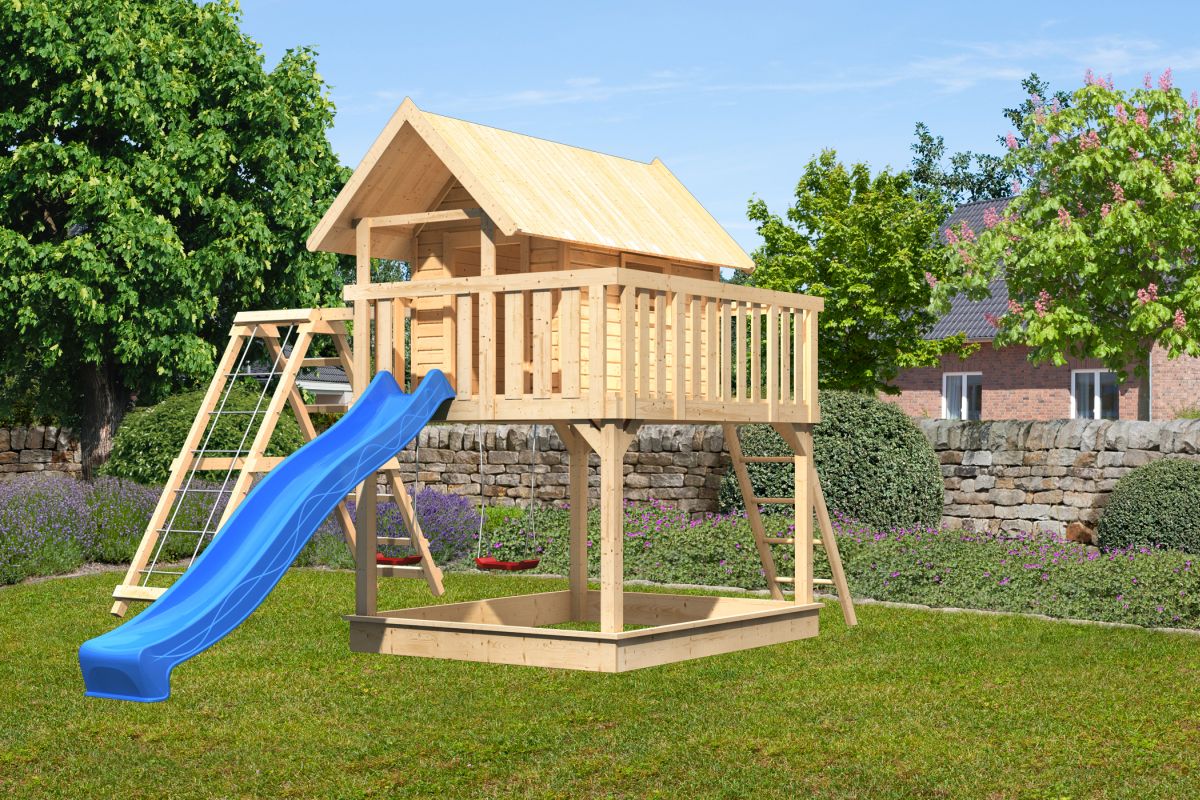 Stelzenhaus FIDEL naturbelassen mit Kletterlschaukel und Rutsche blau