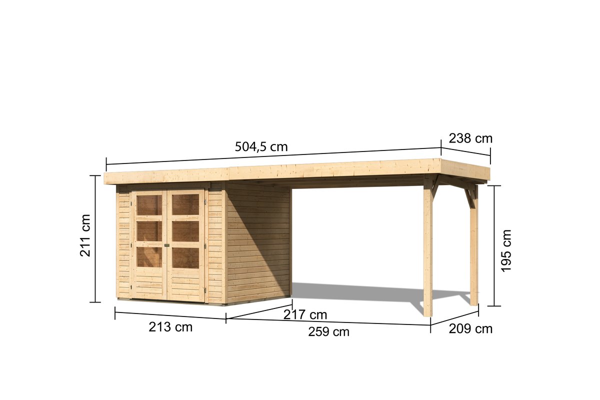 Gartenhaus Askola 2  - 213x217 cm mit Anbaudach 2,80m, 19 mm naturbelassen, Karibu