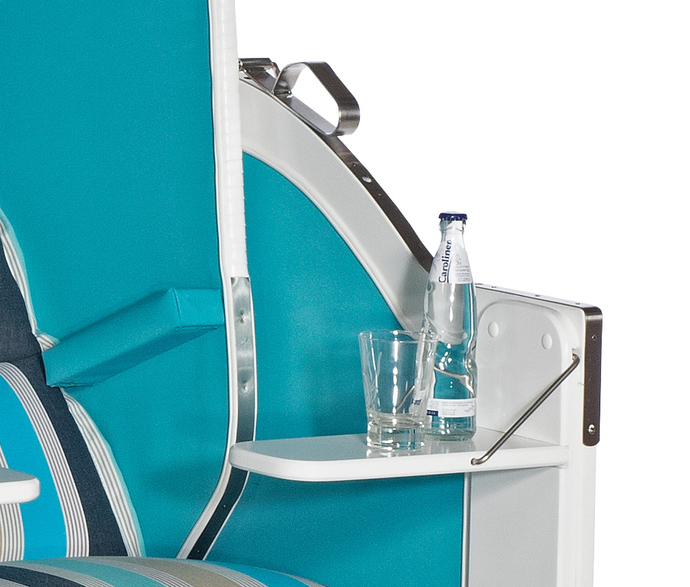 Strandkorb Classic weiß mit Dessin Ocean und Extras, 2-Sitzer Halblieger von SonnenPartner