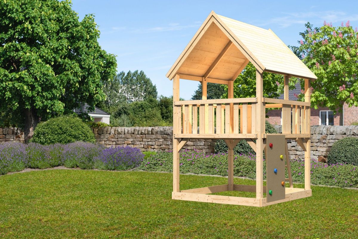 Spielturm Luis naturbelassen, Set mit Kletterwand, Karibu