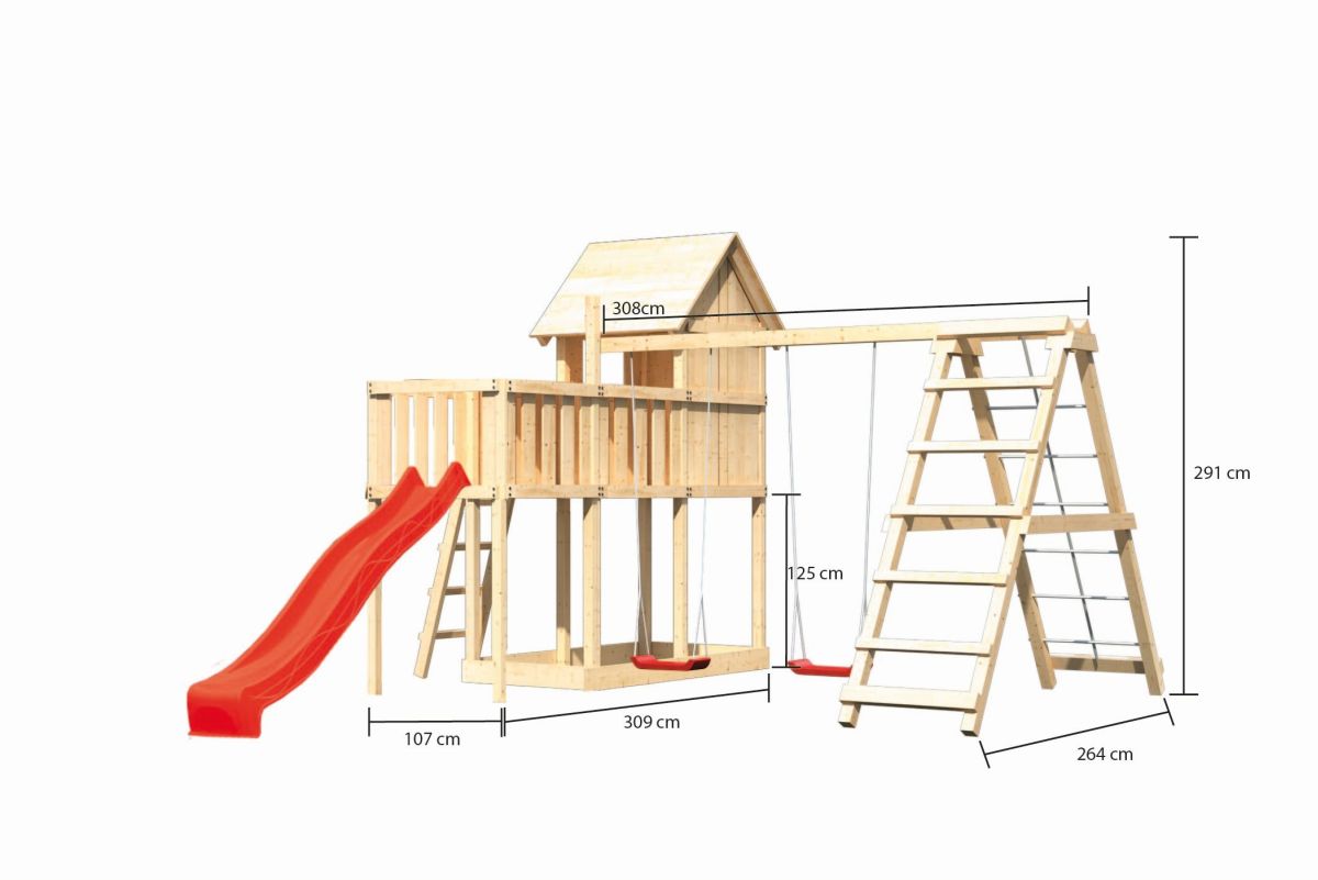 Stelzenhaus Frieda naturbelassen, Set mit Plattform, Kletterschaukel und Rutsche rot