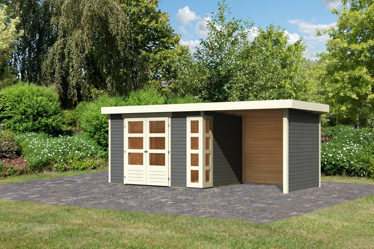 Gartenhaus Kerko 4 - 298x213 cm plus Anbaudach 2,40m mit Wänden, 19 mm Holz terragrau