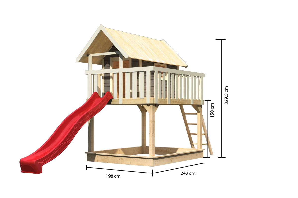 Stelzenhaus FIDEL terragrau, Set mit Rutsche rot, Karibu