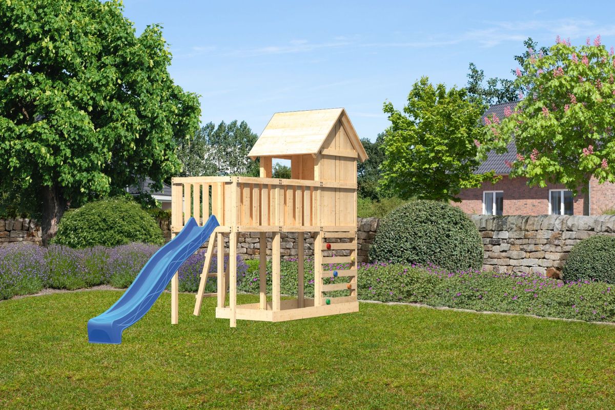 Stelzenhaus Frieda naturbelassen, Set mit Plattform, Kletterwand und Rutsche blau