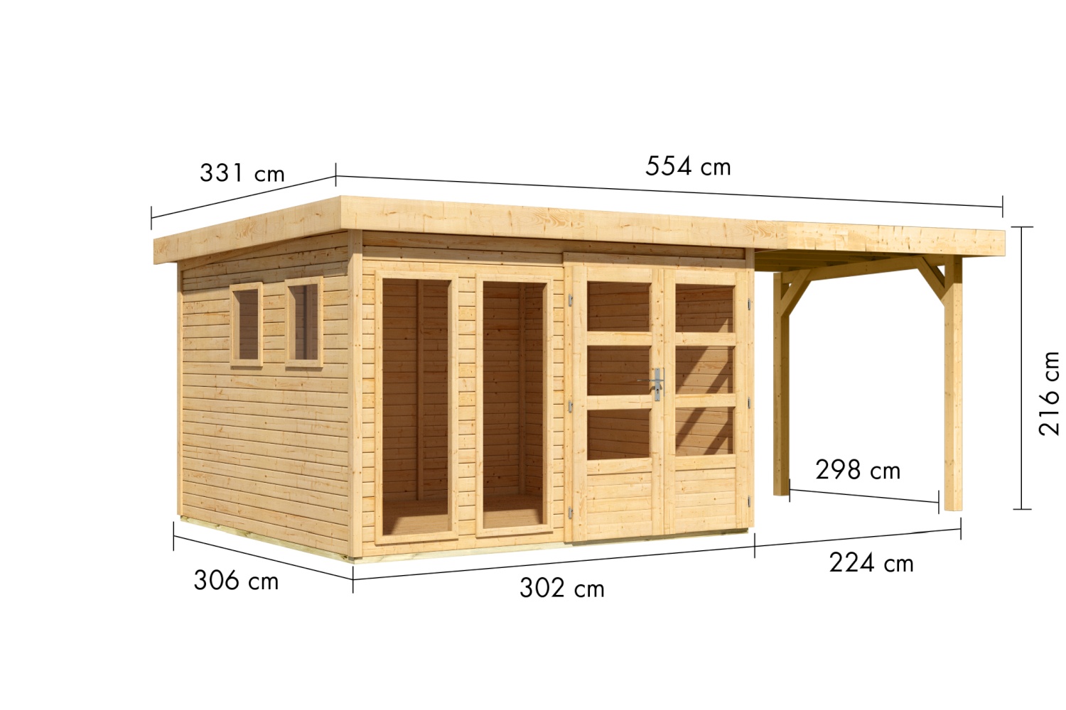 Gartenhaus Lahar 6 - 302x306 cm plus 2,40 m Anbaudach, 19 mm Holz naturbelassen, Karibu