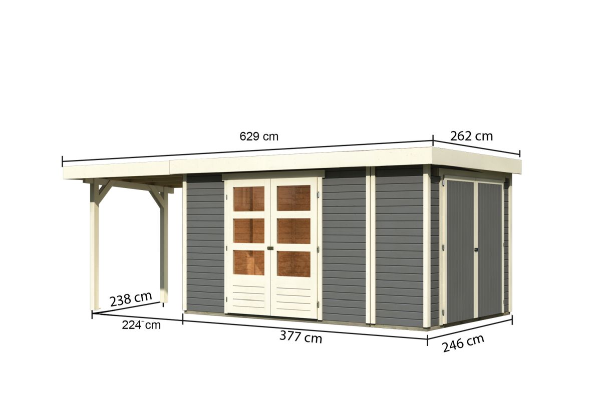 Gartenhaus Retola 6, 377x246 cm mit Anbauschrank und Anbaudach 2,40 m, 19 mm Holz terragrau