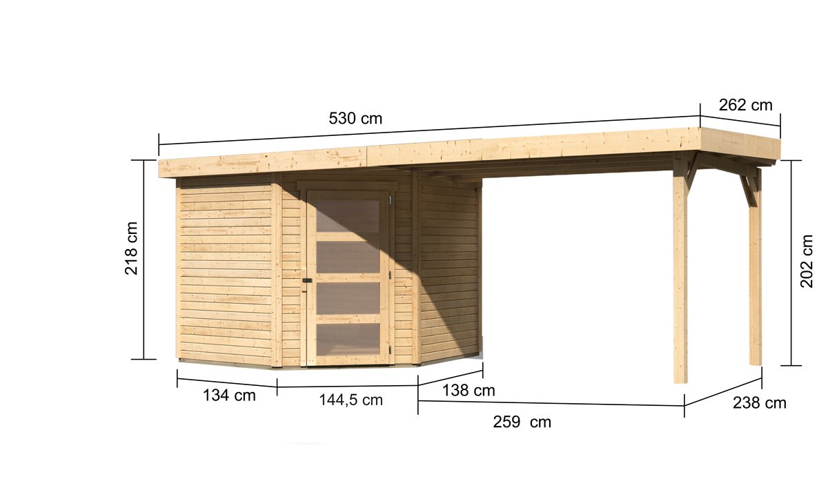 Gartenhaus Schwandorf 5, 242 x 246 cm inkl. Anbaudach 2,80 m, 19 mm Holz naturbelassen, Karibu