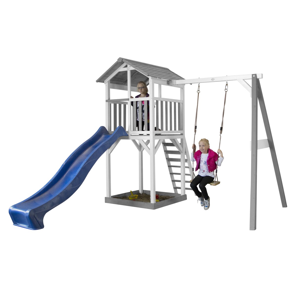 Spielturm Beach Tower Swing grau/weiß mit Rutsche blau