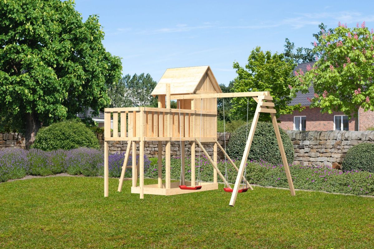 Stelzenhaus Frieda naturbelassen, Set mit Plattform, Doppelschaukel und Netzrampe