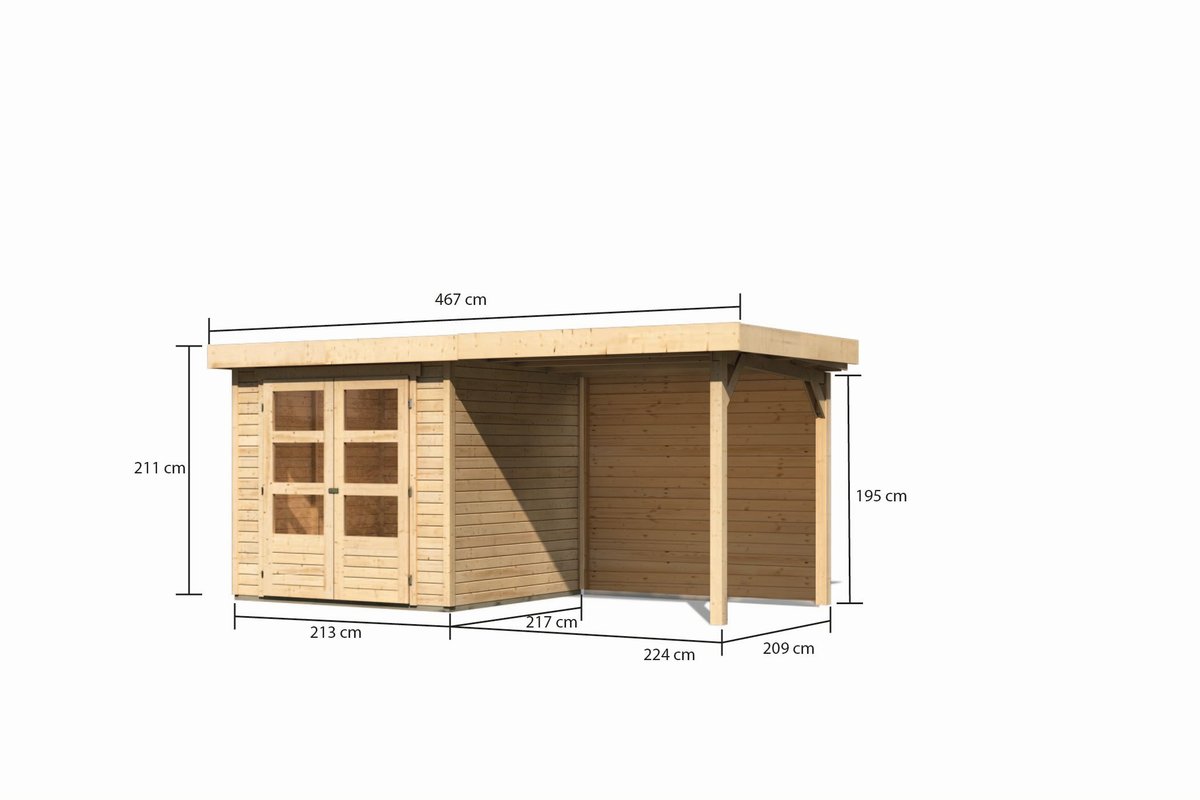 Gartenhaus Askola 2  - 213x217 cm mit Anbaudach 2,40m und Rückwand, 19 mm naturbelassen, Karibu