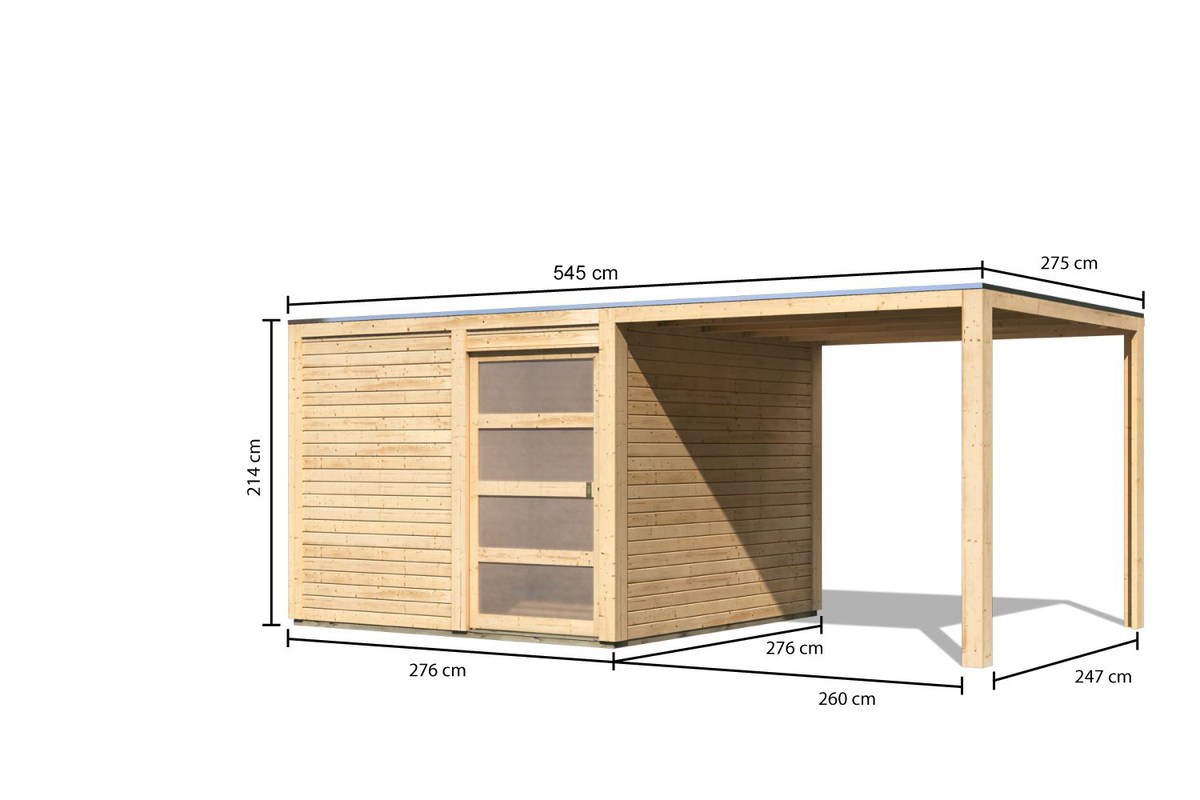 Gartenhaus Qubic 2 - 276x276 cm plus Anbaudach 2,40m, 19 mm Holz naturbelassen, Karibu
