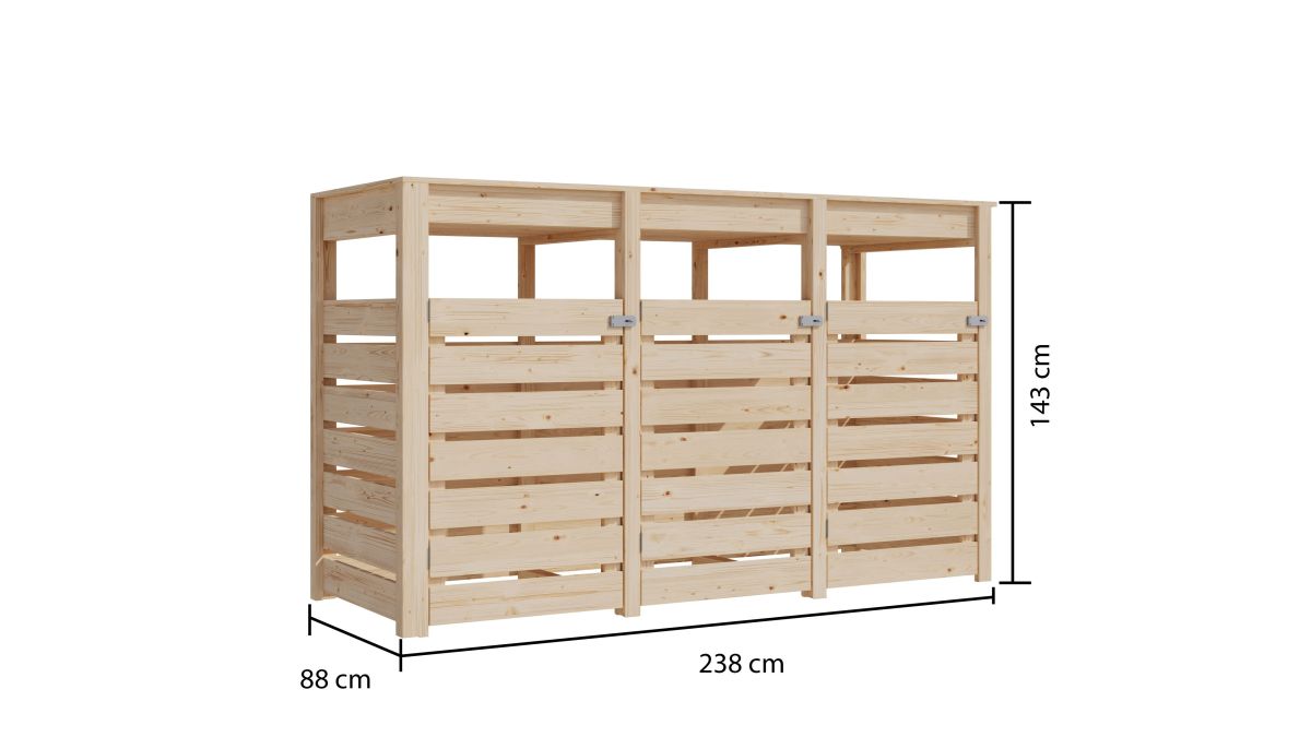 Bepflanzbare Holz-Mülltonnenbox 3er 240l naturbelassen, 238x88x143 cm