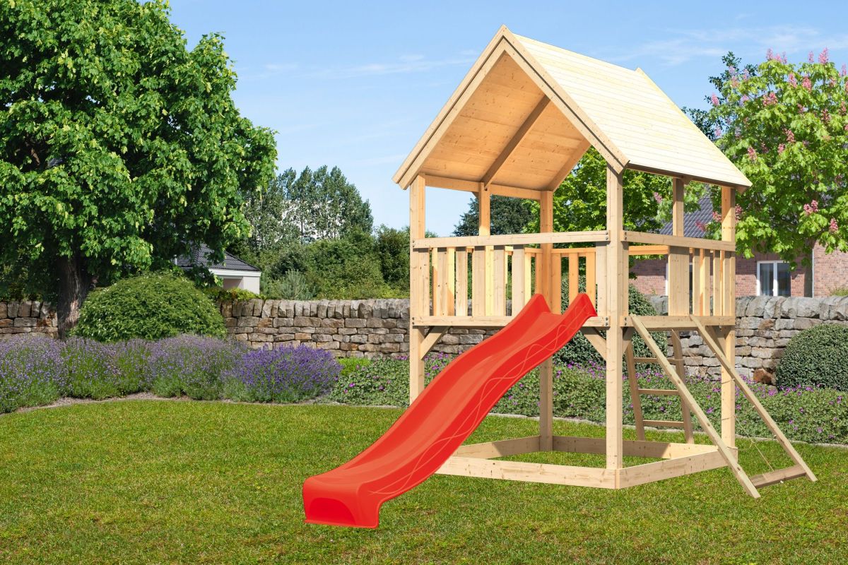 Spielturm Luis natur, SET mit Netzrampe und Rutsche rot, Karibu
