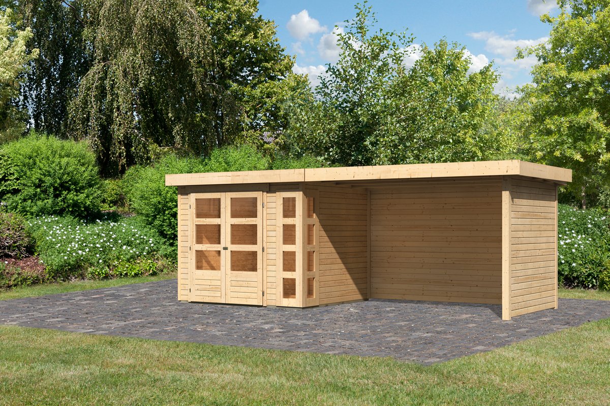 Gartenhaus Kerko 3 - 238 x 213 cm plus Anbaudach 2,80 m mit Wänden, 19 mm Holz naturbelassen