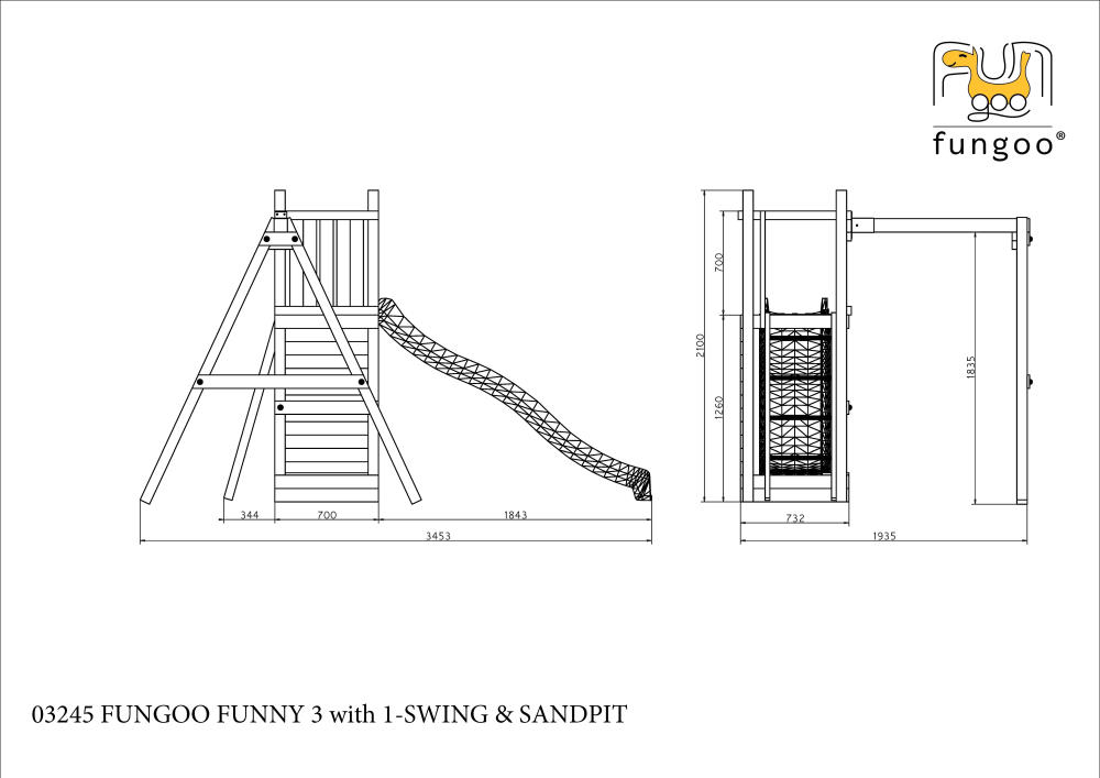 Fungoo Gartenspielplatz FUNNY 3 mit Sandkasten und Einzelschaukel, kdi