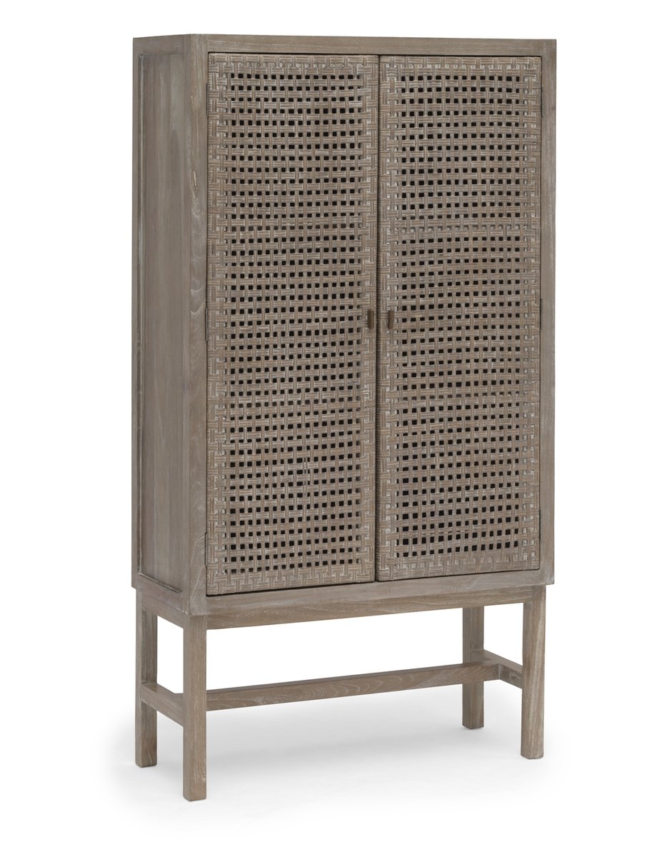Leicester Holz-Schrank mit Rattan-Türen 90x35x165 cm antikgrau