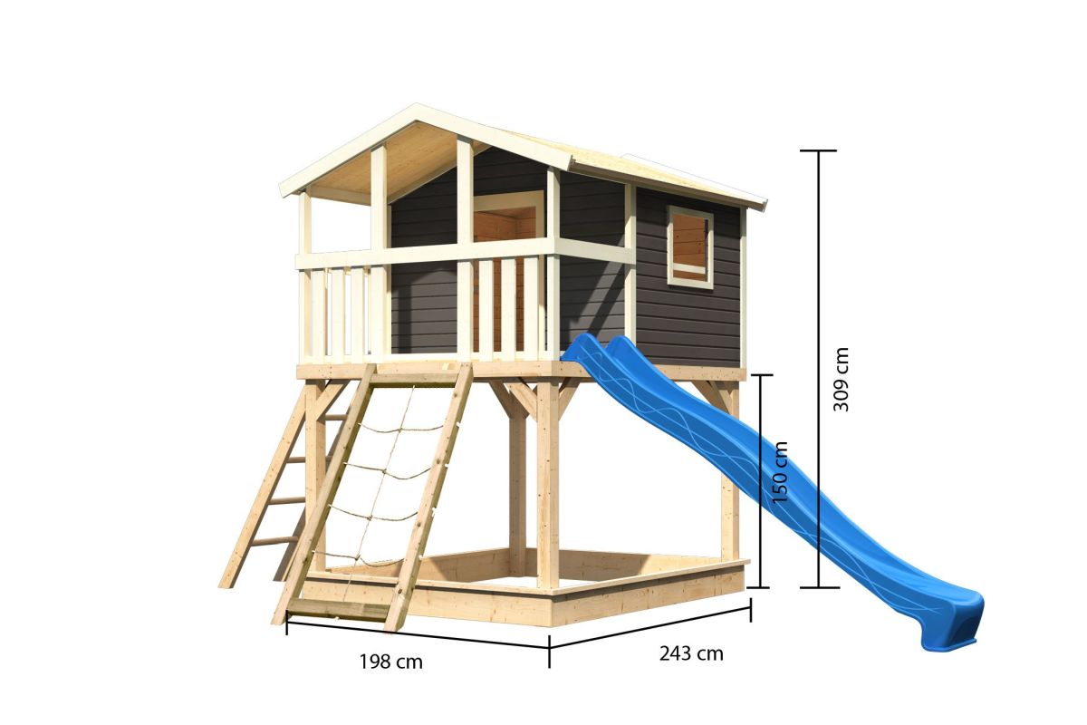 Stelzenhaus Benjamin terragrau mit Rutsche blau und Netzrampe