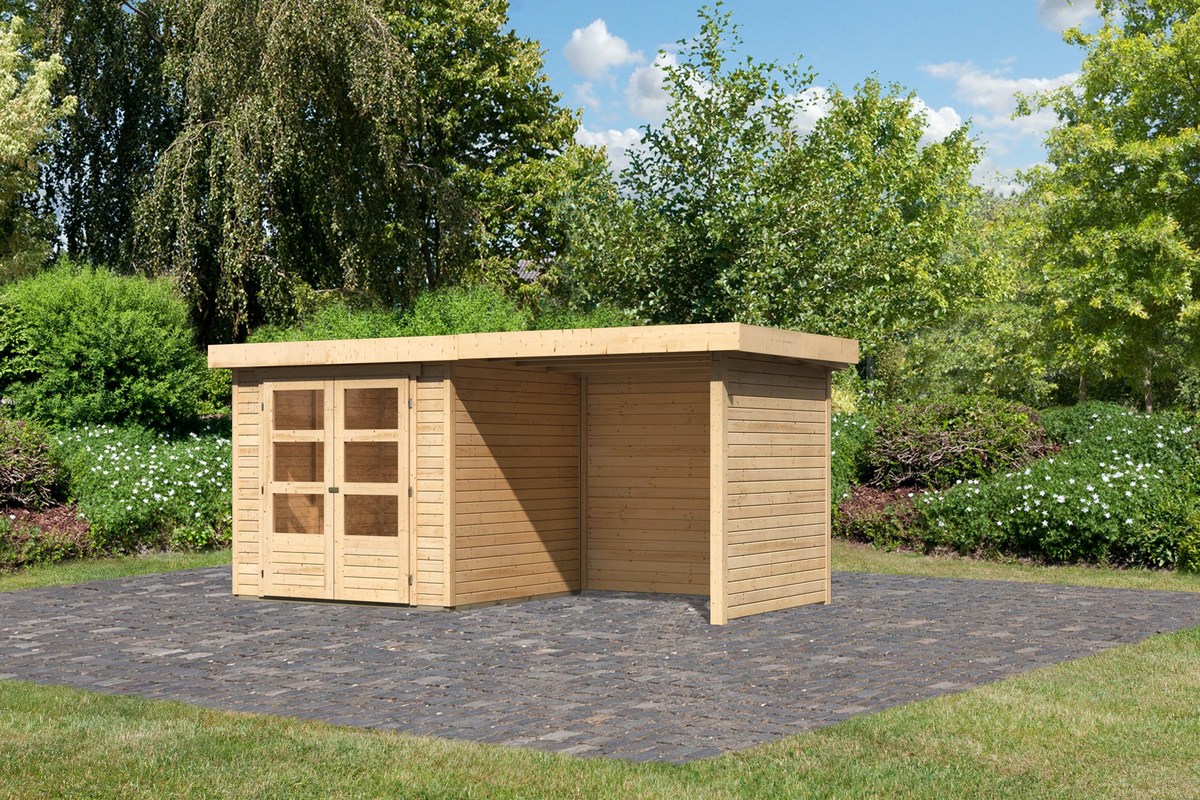 Gartenhaus Askola 2  - 213x217 cm plus Anbaudach 2,40m mit Wänden, 19 mm naturbelassen, Karibu