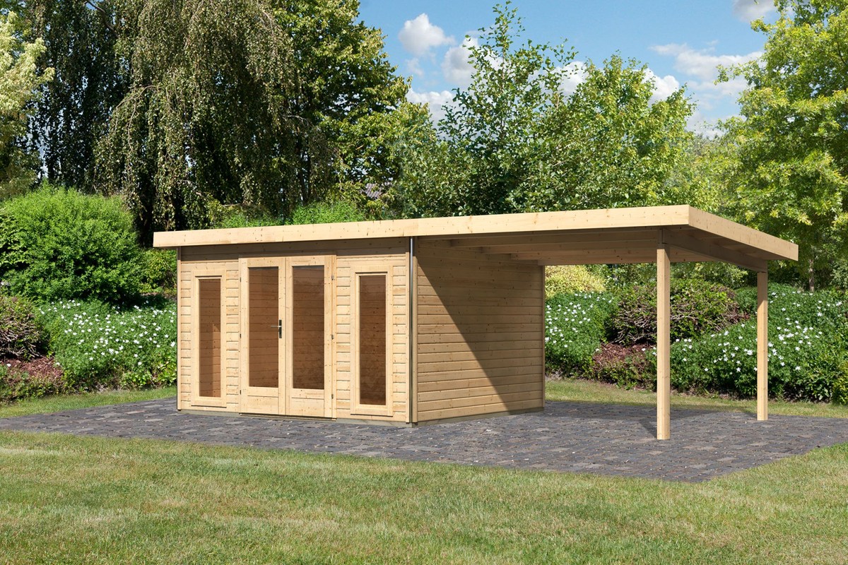 Gartenhaus Radeburg 2 - 369x309 cm plus Anbaudach 3,30m, 40 mm Holz naturbelassen, Karibu