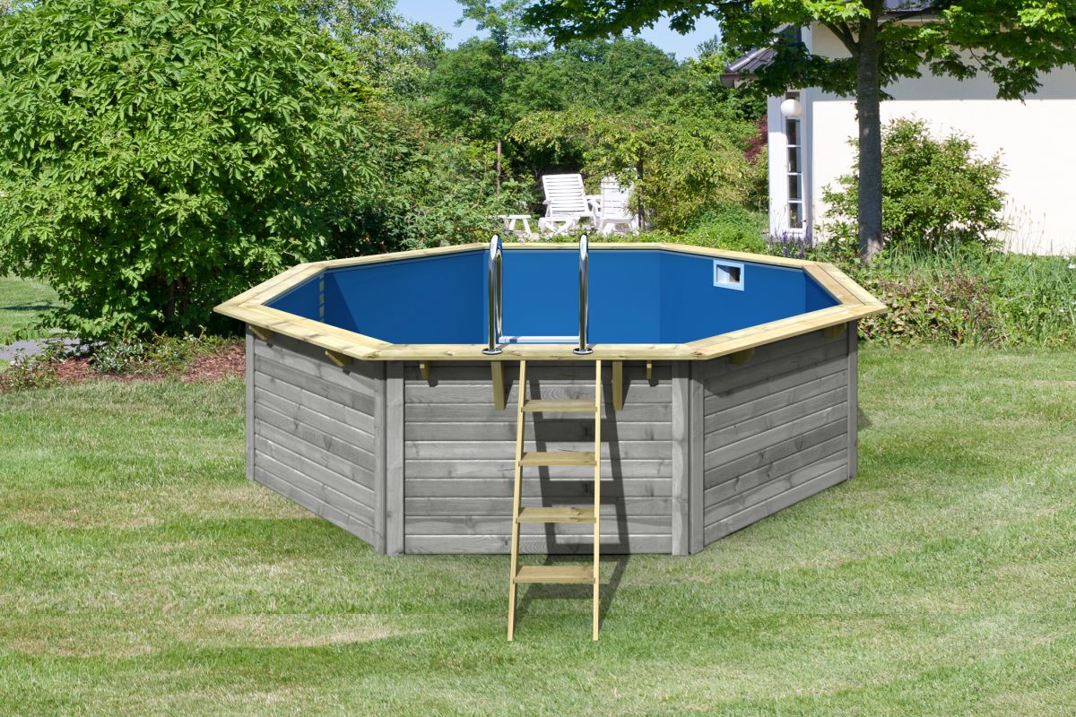 Achteck-Pool X2 470x470 cm, Holz wassergrau/Folie blau, Karibu