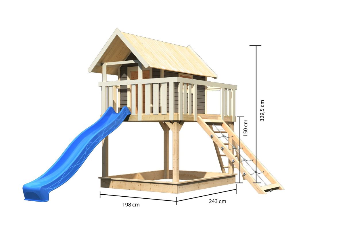 Stelzenhaus FIDEL terragrau, Set mit Netzrampe und Rutsche blau