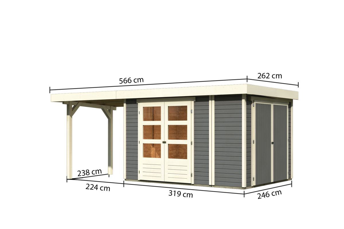 Gartenhaus Retola 4, 319x246 cm mit Anbauschrank und Anbaudach 2,40 m, 19 mm Holz terragrau,