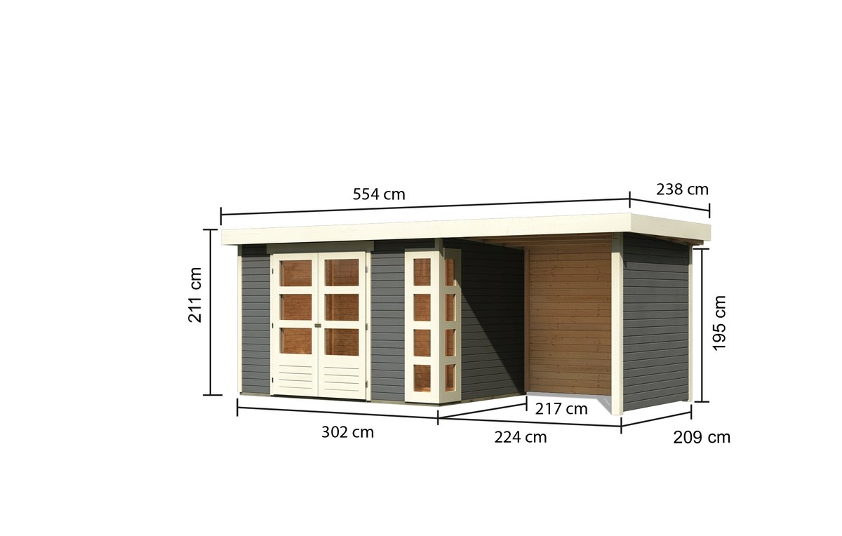 Gartenhaus Kerko 4 - 298x213 cm plus Anbaudach 2,40m mit Wänden, 19 mm Holz terragrau