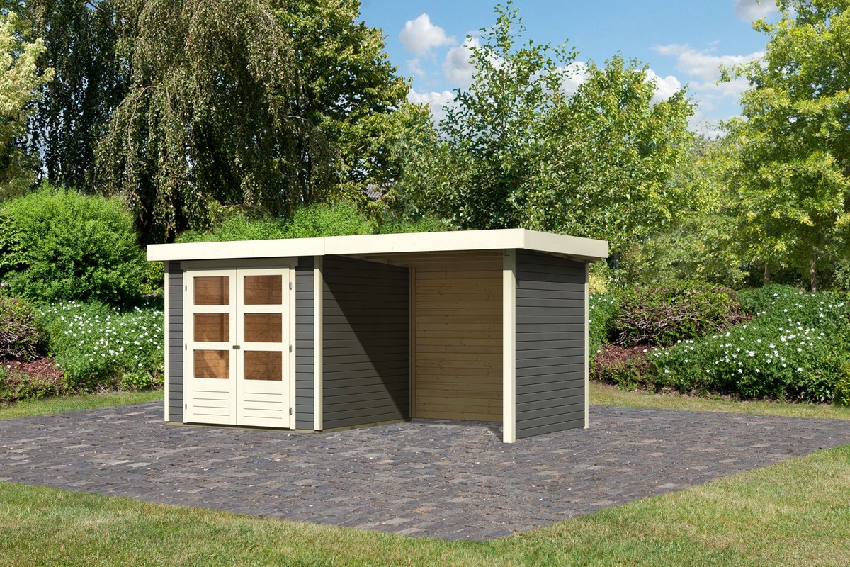 Gartenhaus Askola 2  - 213x217 cm plus Anbaudach 2,40m mit Wänden, 19 mm terragrau, Karibu