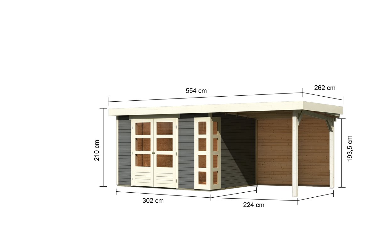 Gartenhaus Kerko 5 - 302 x 246 cm inkl. Anbaudach 2,40 m mit Rückwand, 19 mm Holz terragrau