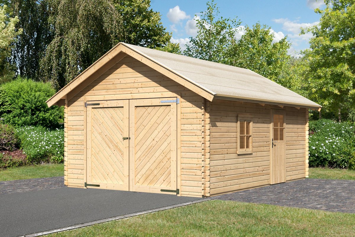 Holzgarage 38 mm Blockbohlen naturbelassen, Satteldach-Einzelgarage 387x537 cm, Karibu