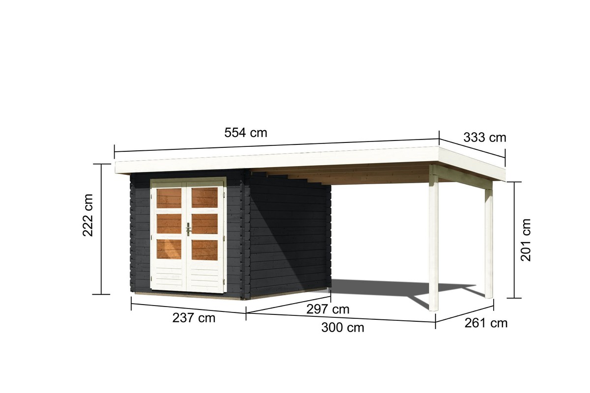 Gartenhaus Bastrup 4 - 520x297 cm mit Anbaudach 3,00 m, 28 mm Holz anthrazit, Karibu