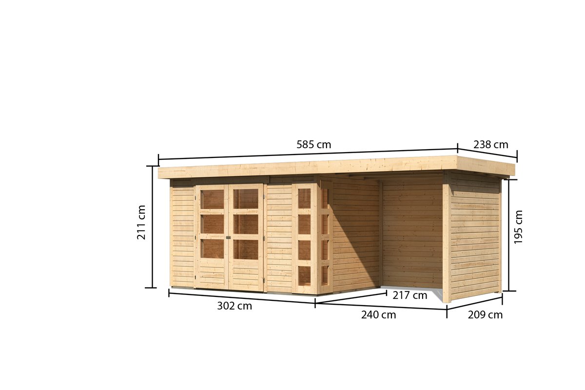 Gartenhaus Kerko 4 - 298 x 213 cm plus Anbaudach 2,40m mit Wänden, 19 mm Holz naturbelassen