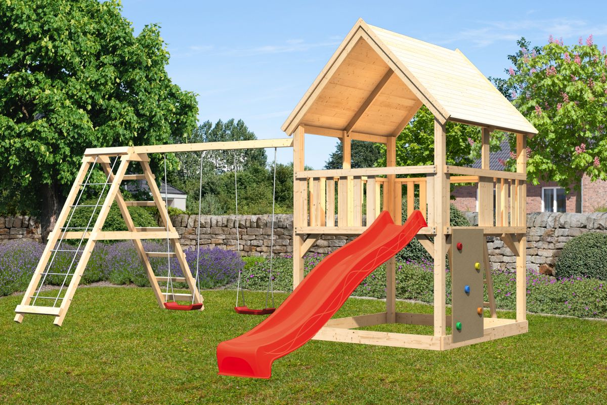 Spielturm Luis natur, SET mit Kletterwand, Kletterschaukel und Rutsche rot