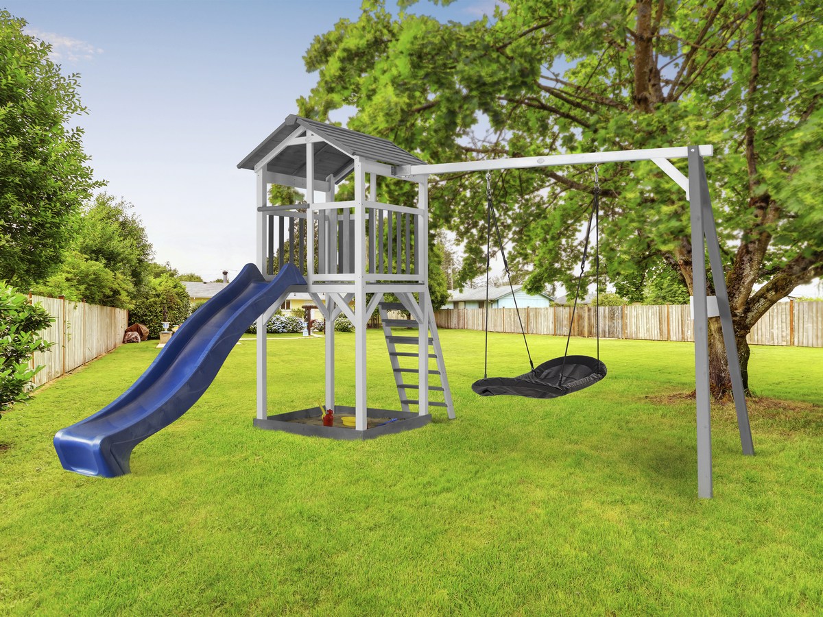 Spielturm Beach Tower Roxy Nest Swing grau/weiß mit Rutsche blau