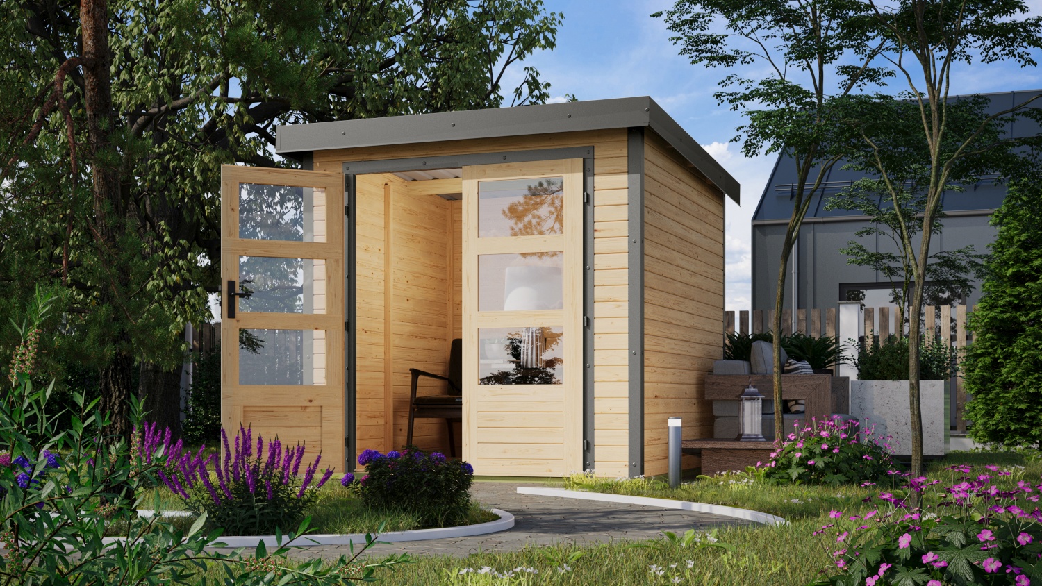 Hybrid-Gartenhaus Jupiter 2B - 209x213 cm, 19mm naturbelassen/graualuminium