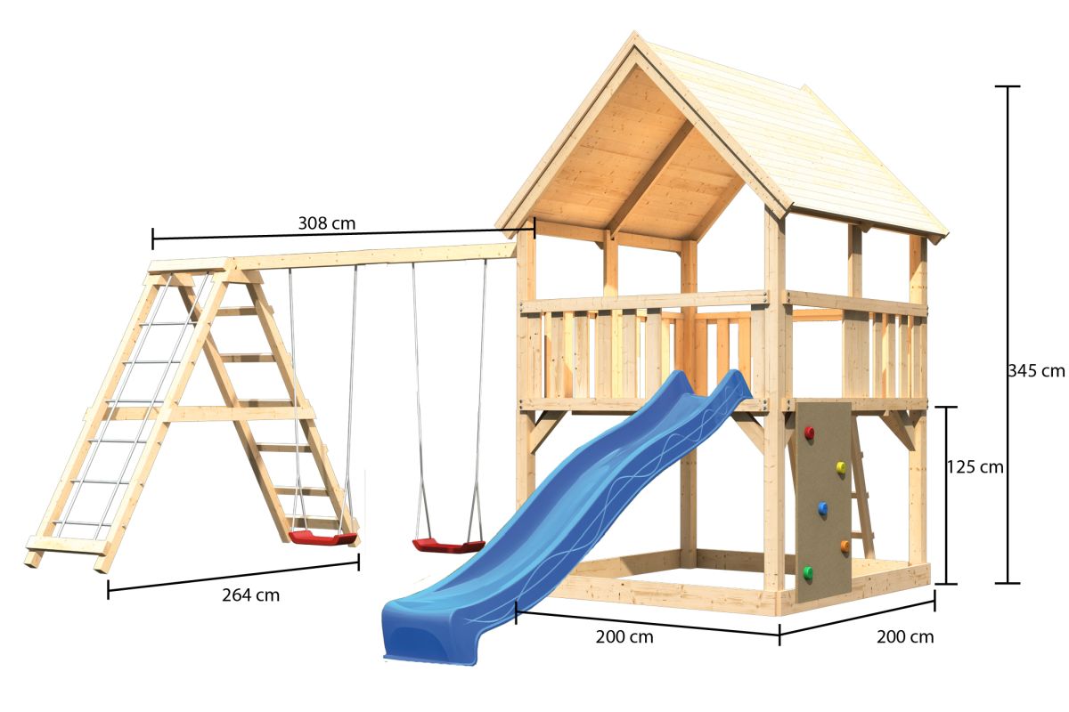 Spielturm Luis natur, SET mit Kletterwand, Kletterschaukel und Rutsche blau
