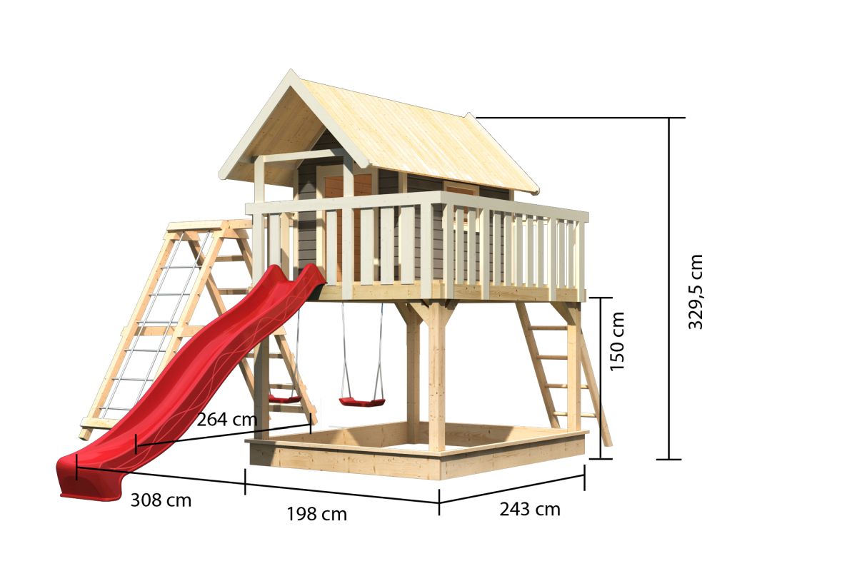 Stelzenhaus FIDEL terragrau mit Kletterlschaukel und Rutsche rot